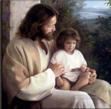Jesús y niño religioso cristiano. Pinturas al óleo